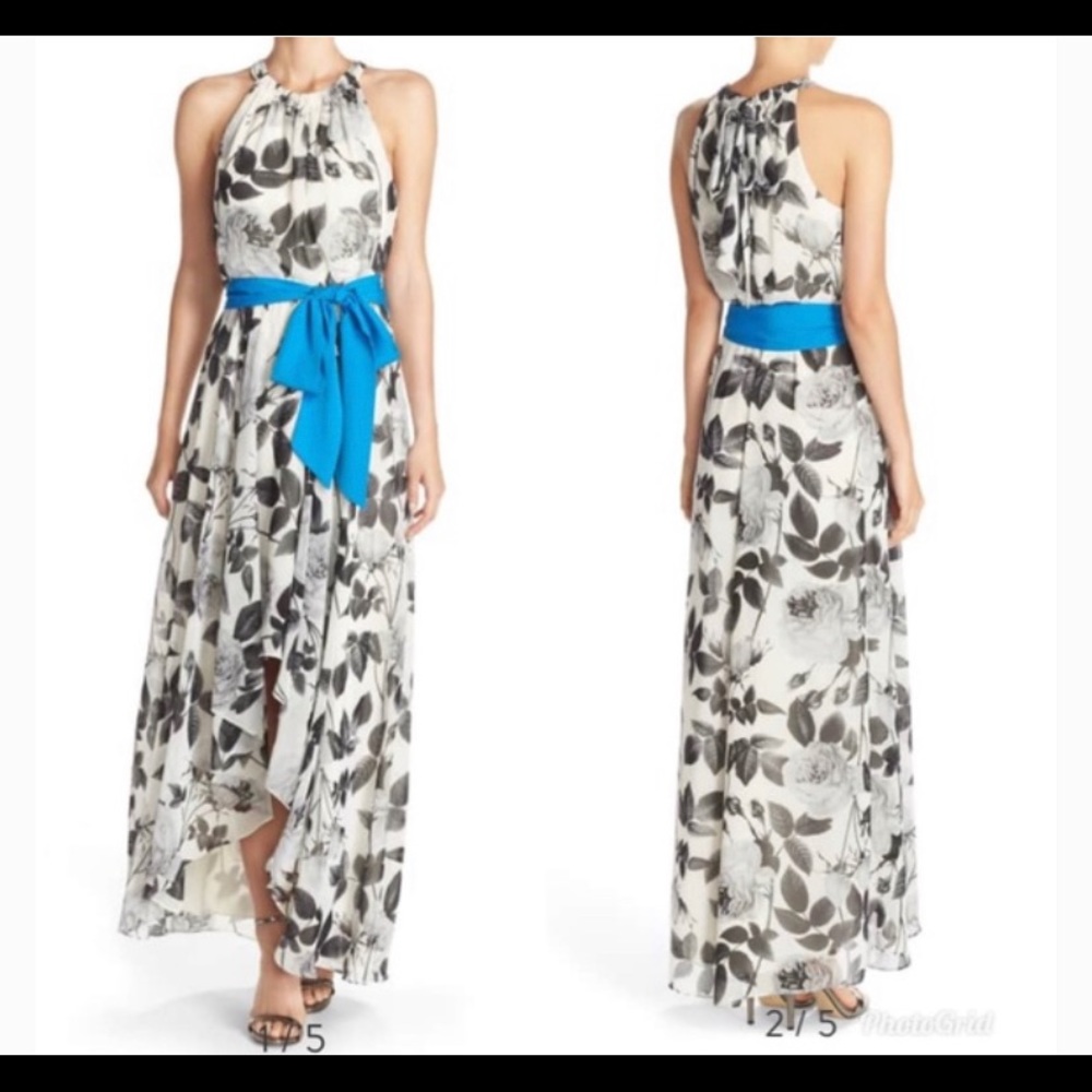 Eliza J NWT black/white rose print dress, high-low, ties at neck & waist, size 6